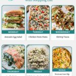 Weekly meal plan featuring avocado egg salad, chicken pesto pasta, shrimp tacos, stuffed salmon, dill chicken salad, and corn dip.