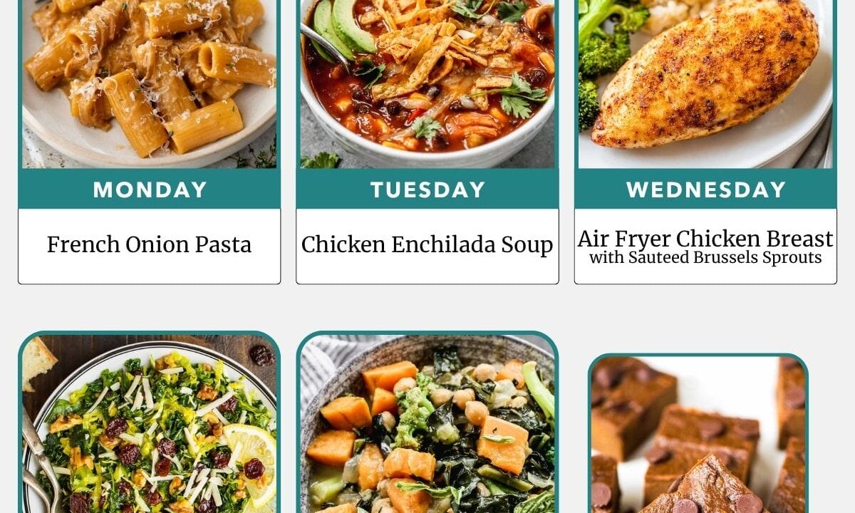 A weekly meal plan with photos of pasta, soup, chicken, salad, curry, and brownies for each day, plus a bonus dessert.