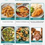 A weekly meal plan with photos of pasta, soup, chicken, salad, curry, and brownies for each day, plus a bonus dessert.
