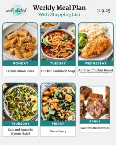 A weekly meal plan with photos of pasta, soup, chicken, salad, curry, and brownies for each day, plus a bonus dessert.