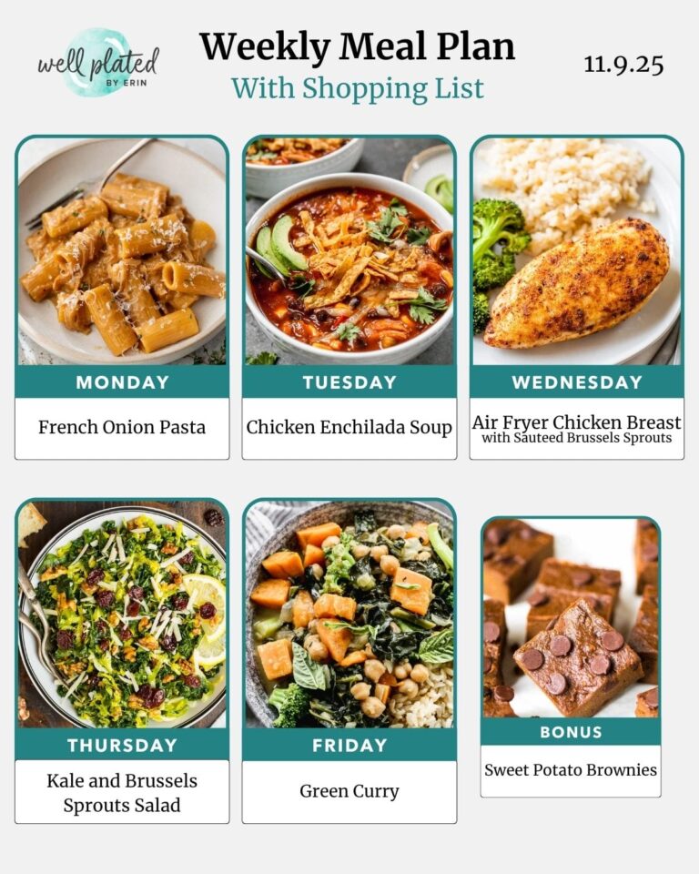 A weekly meal plan with photos of pasta, soup, chicken, salad, curry, and brownies for each day, plus a bonus dessert.