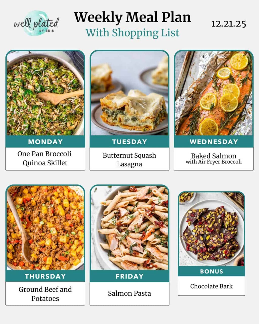 Weekly meal plan with photos of broccoli skillet, squash lasagna, baked salmon, sheet pan potatoes, salmon pasta, and chocolate bark.