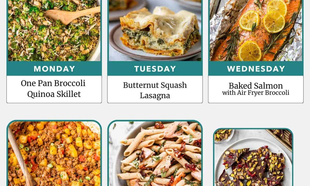 Weekly meal plan with photos of broccoli skillet, squash lasagna, baked salmon, sheet pan potatoes, salmon pasta, and chocolate bark.